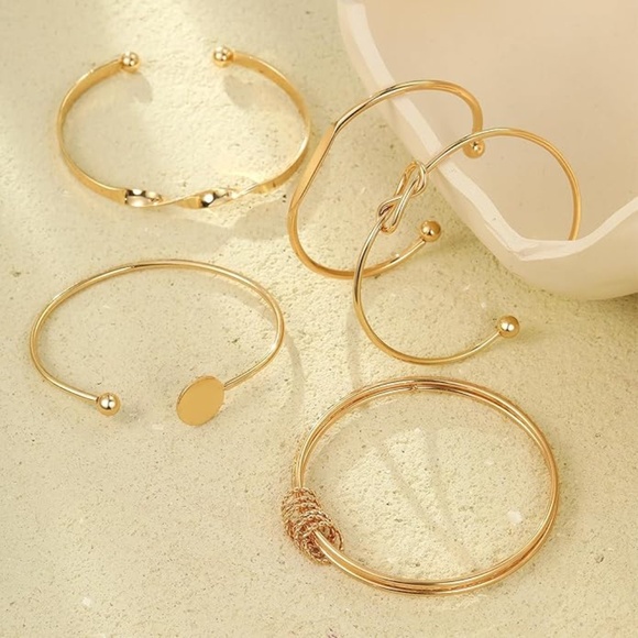 Gold Cuff and Bangle Bracelet Set of 5; Women Boho Chic Stackable Arm Jewelry - Picture 3 of 6